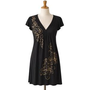 Vintage 90s/Y2K Cache Mini Dress Babydoll Black Gold V-Neck Size Medium